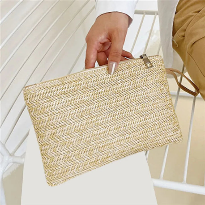 Woven Straw Wristlet Clutch | Boho Zipper Clutch Bag