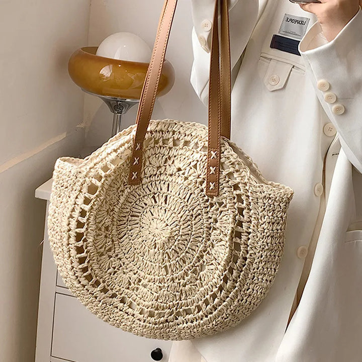 Boho Hand-Knit Round Straw Tote Bag