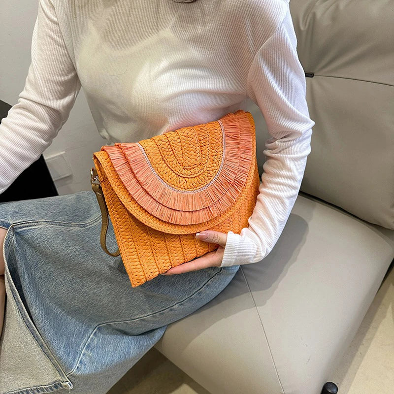 Boho Raffia Straw Tassel Flap Bag | Woven Clutch | Hot Pink, Orange, Green &amp; More