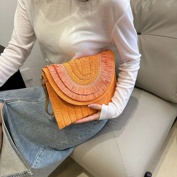 Boho Raffia Straw Tassel Flap Bag | Woven Clutch | Hot Pink, Orange, Green &amp; More