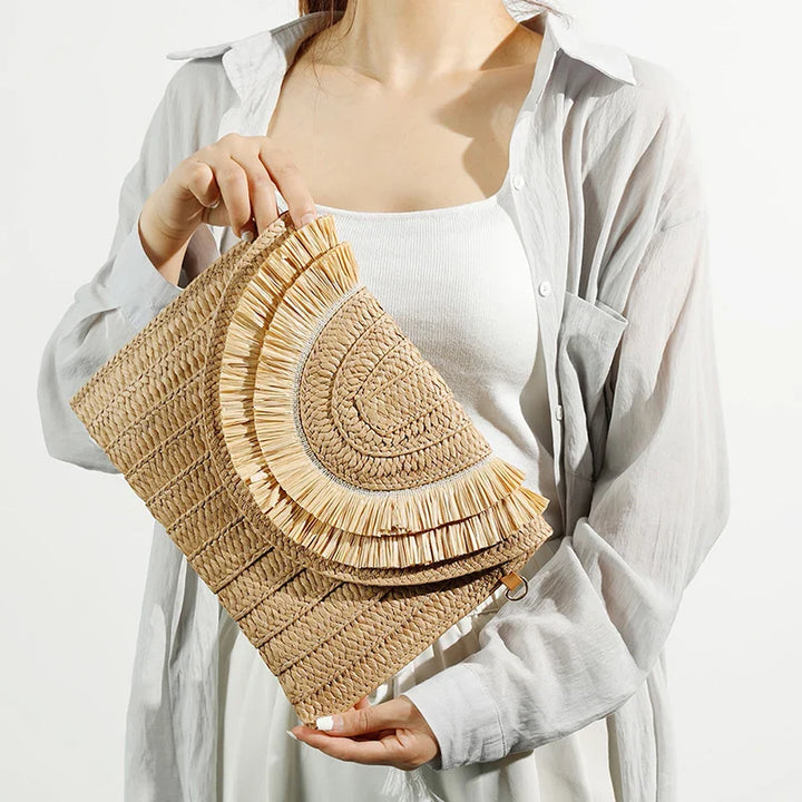 Boho Raffia Straw Tassel Flap Bag | Woven Clutch | Hot Pink, Orange, Green &amp; More