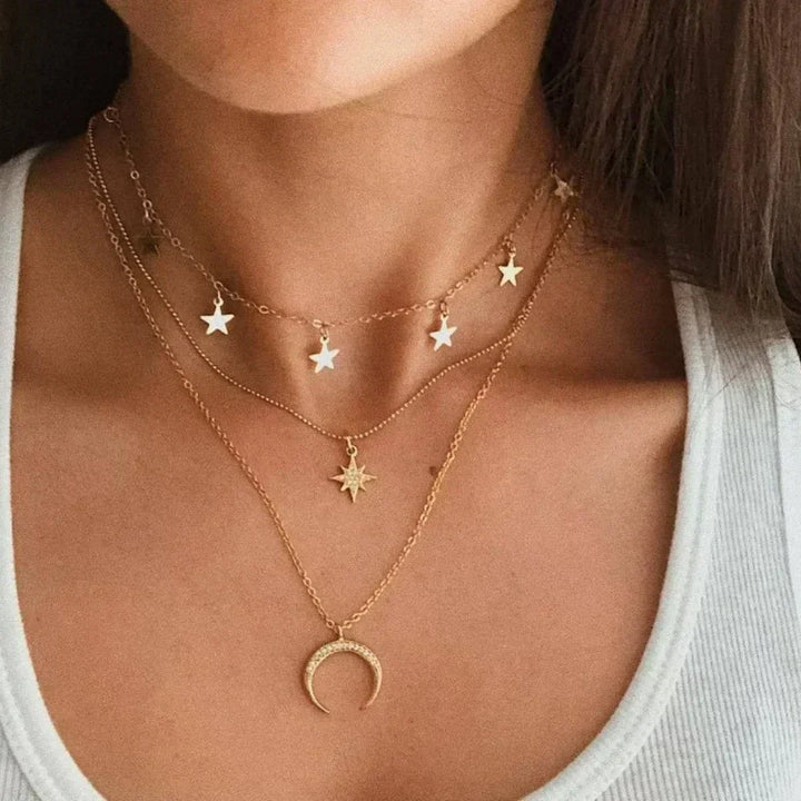 Gold Charm Necklace Set | 3-Piece Star, Pearl &amp; Cross Pendant Layering Necklaces