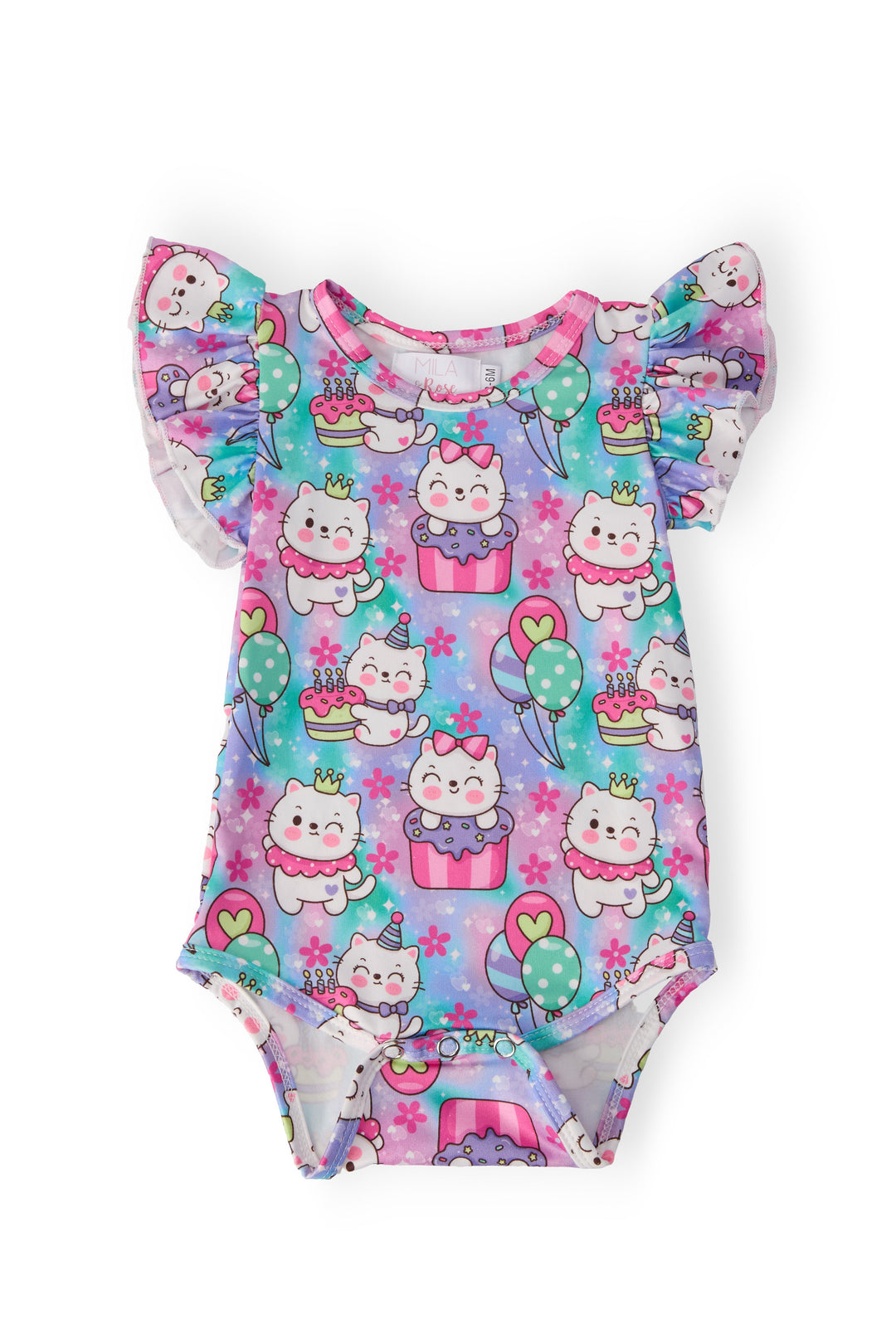 Mila &amp; Rose Baby Girls Time To Purr-ty Short Sleeve Flutter Bodysuit – Sizes 0-3M to 18-24M