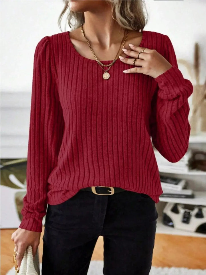 Ribbed Knit Puff Shoulder Long Sleeve Top