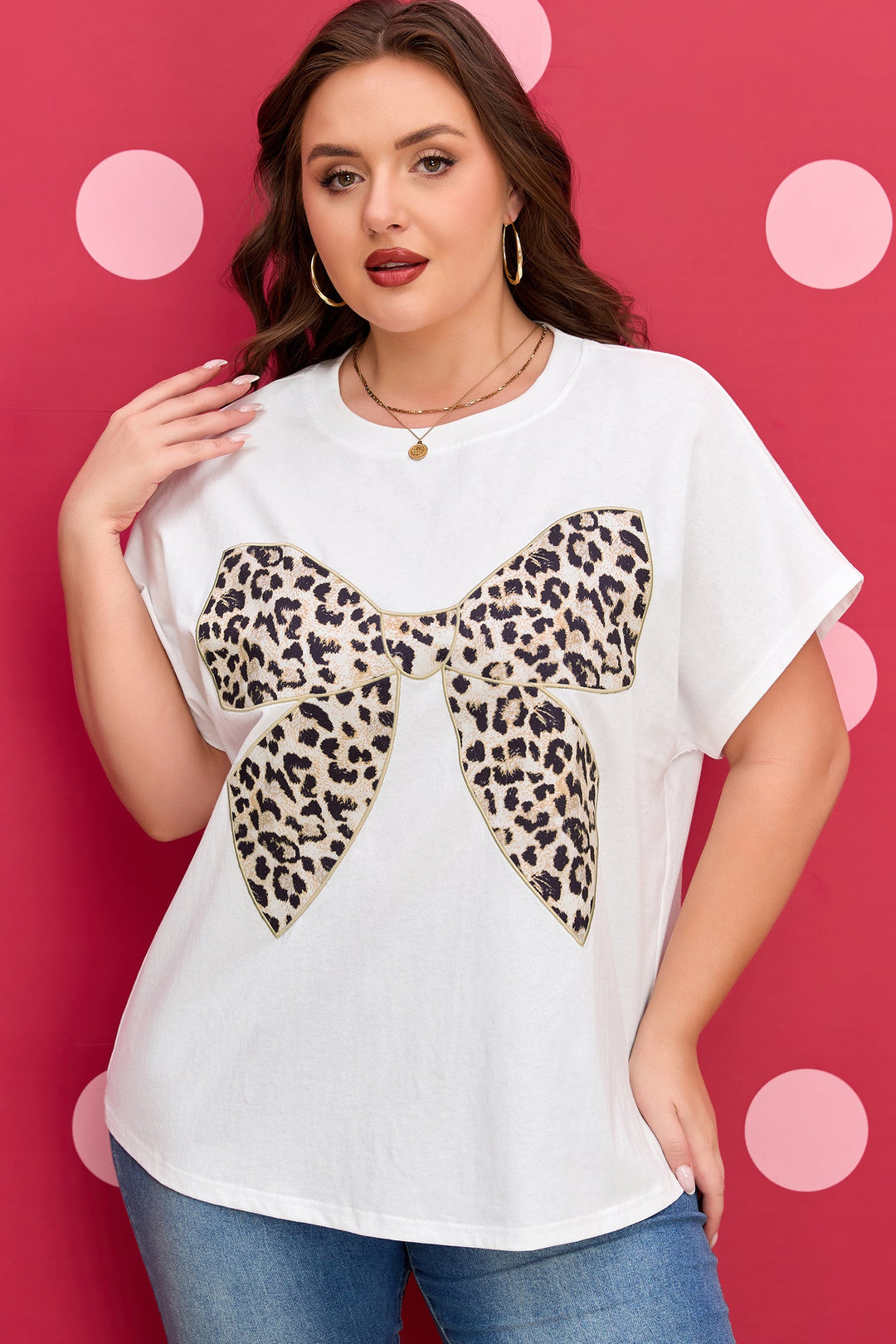 Aliya Leopard Bow Embroidered Plus Size Tee