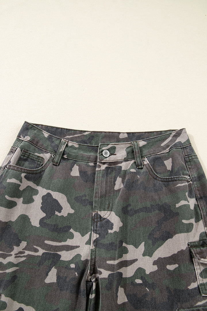 Camo Denim Cargo Wide Leg Pants