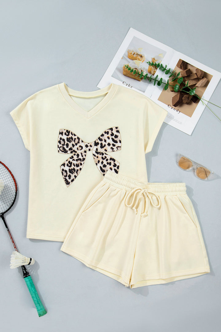 Leopard Bow Patch Tee &amp; Drawstring Shorts Set