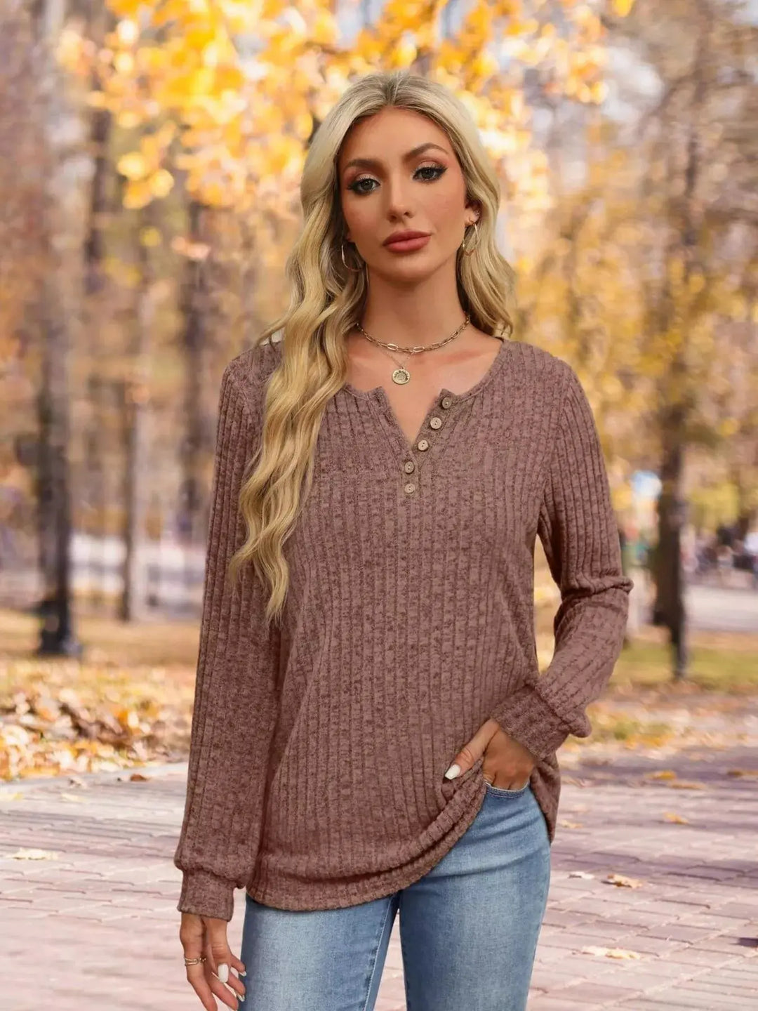 Ribbed Knit Button-Front Long Sleeve Top