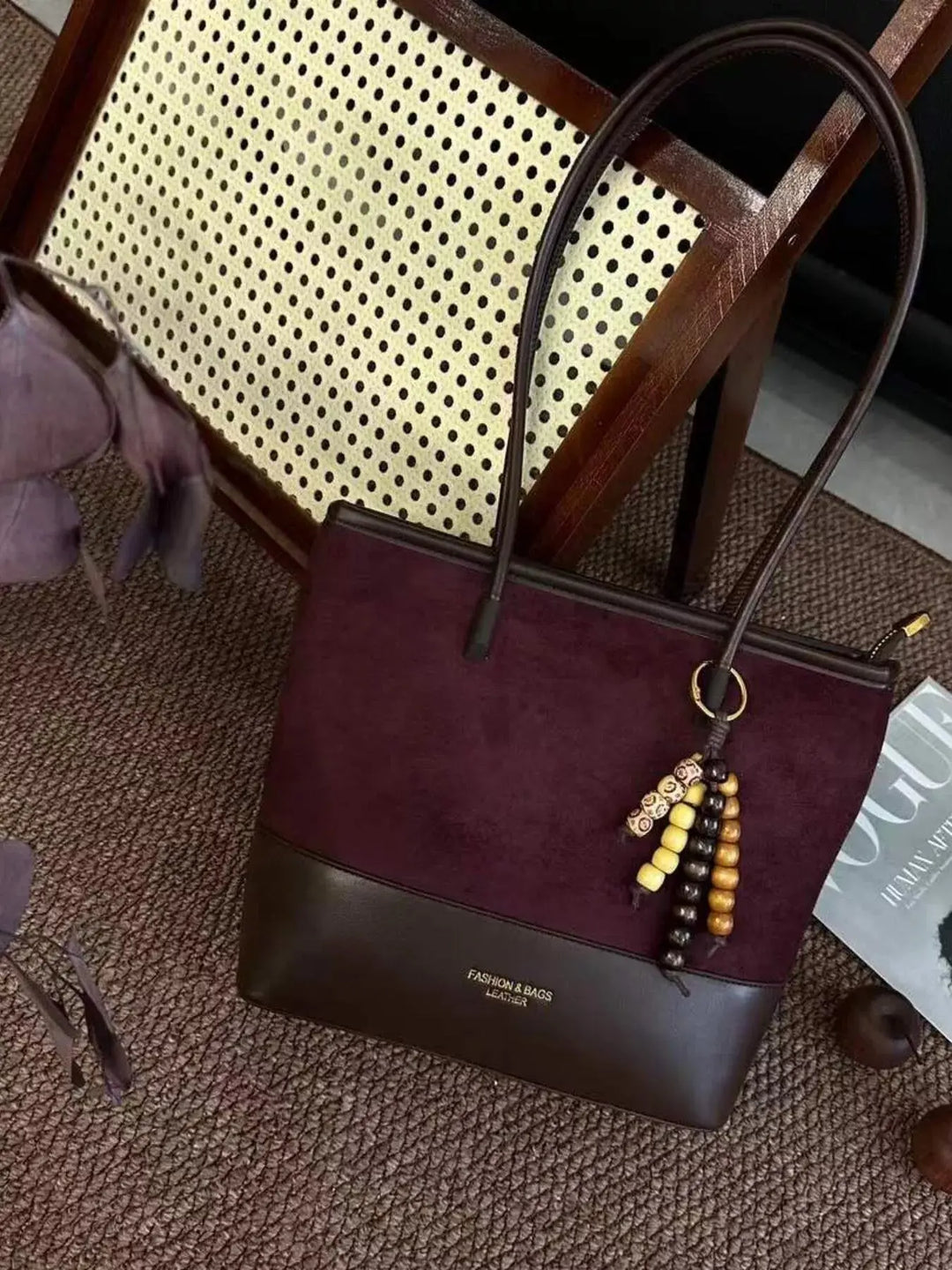 Color Block Suede Shoulder Bag with Wooden Bead Charm