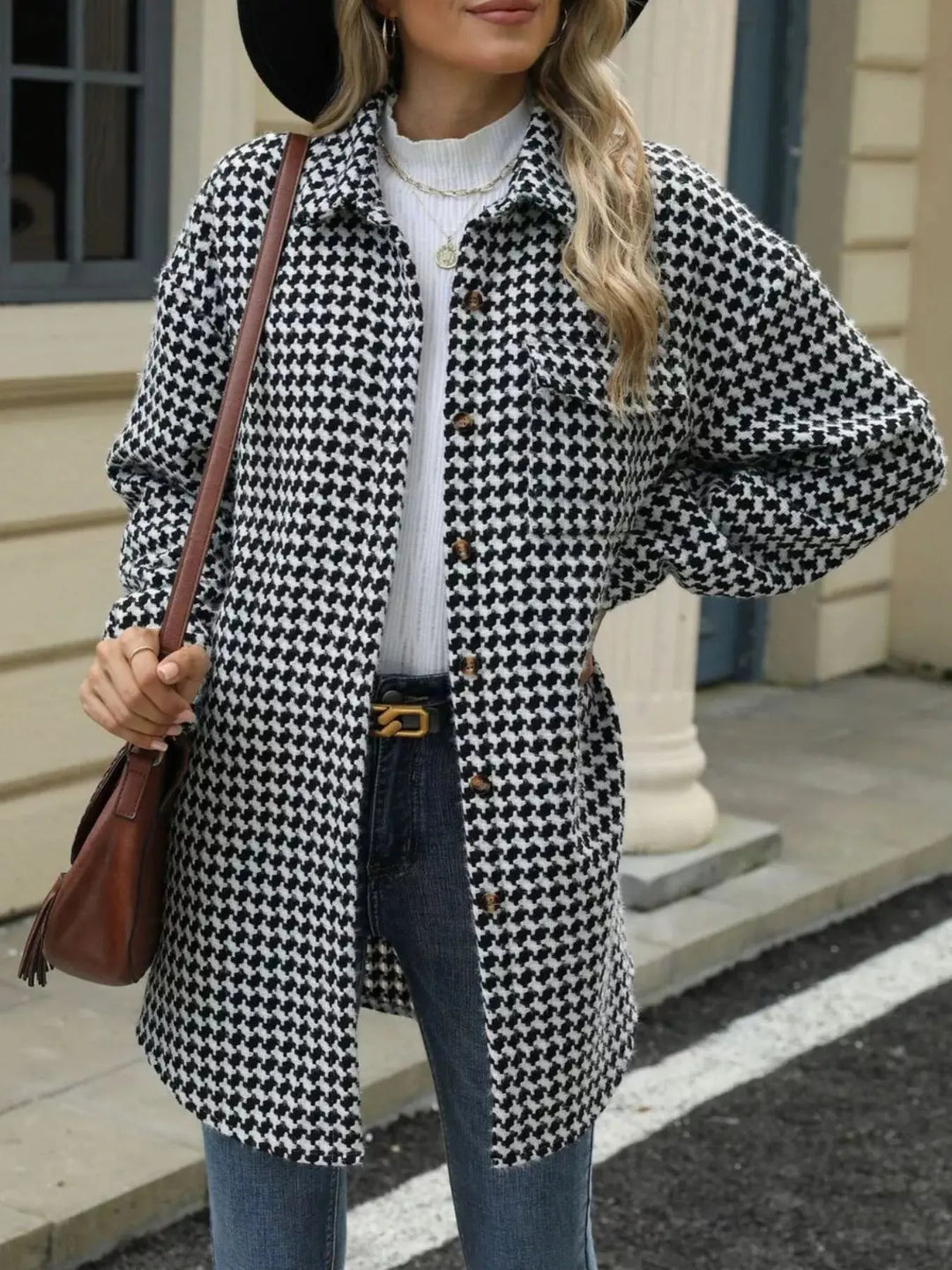 Houndstooth Longline Coat | Button-Up Long Sleeve Jacket