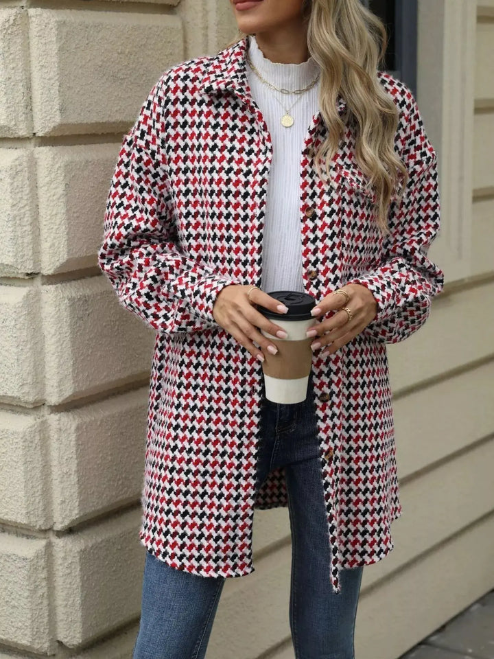 Houndstooth Longline Coat | Button-Up Long Sleeve Jacket
