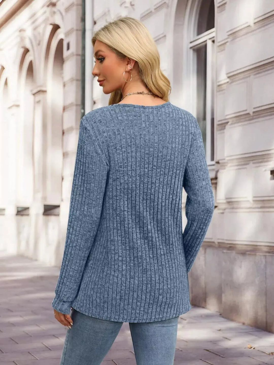 Ribbed Knit Button-Front Long Sleeve Top