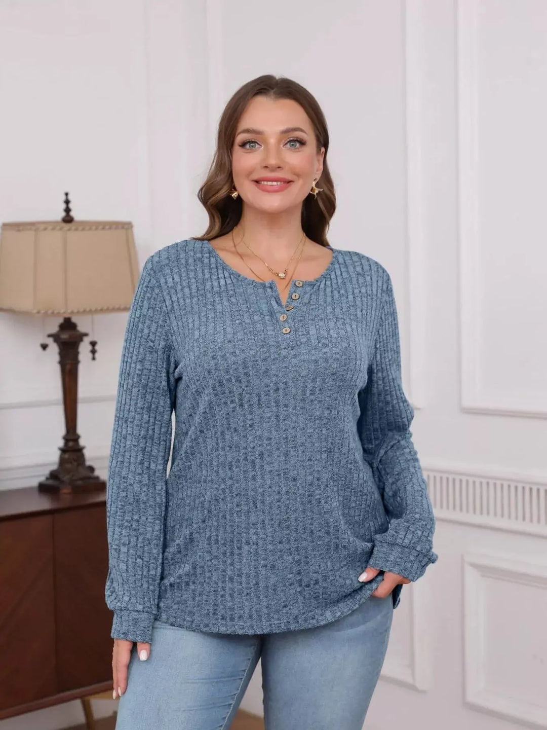 Ribbed Knit Button-Front Long Sleeve Top
