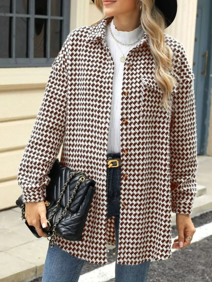 Houndstooth Longline Coat | Button-Up Long Sleeve Jacket