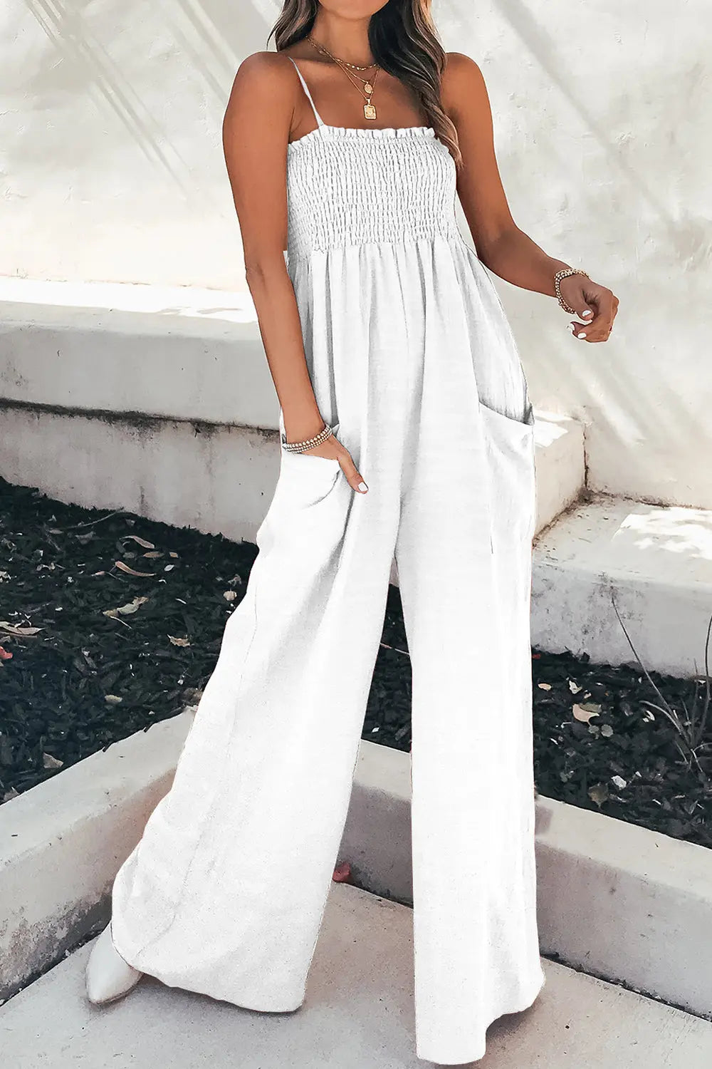 Smocked Spaghetti Strap Wide-Leg Jumpsuit