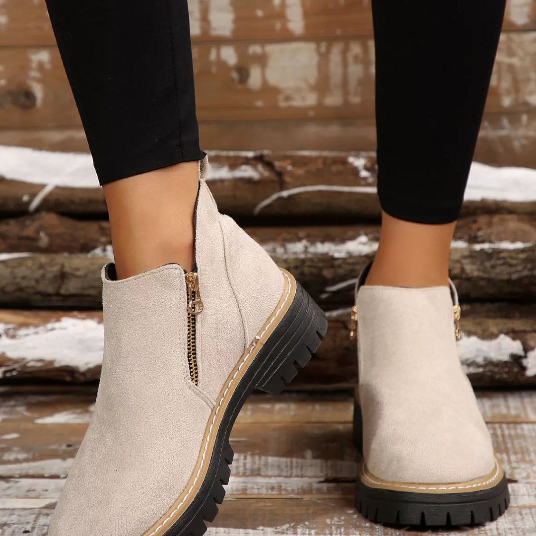 Side-Zip Suede Ankle Boots with Mid Heel