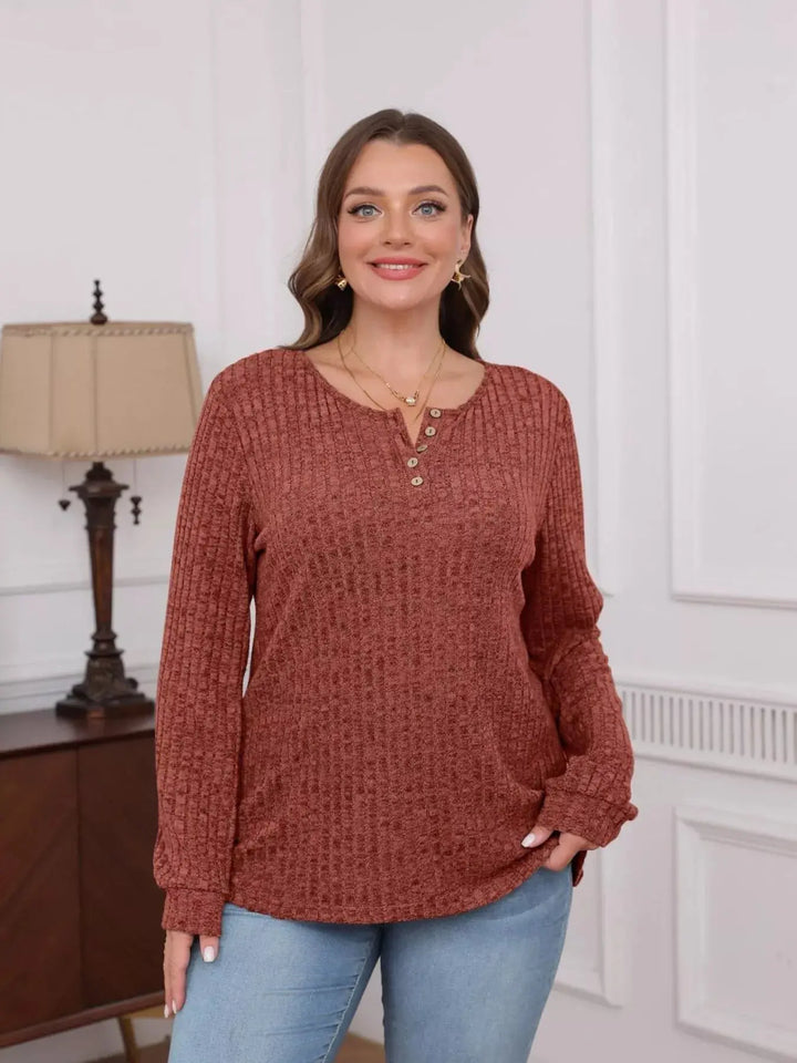 Ribbed Knit Button-Front Long Sleeve Top