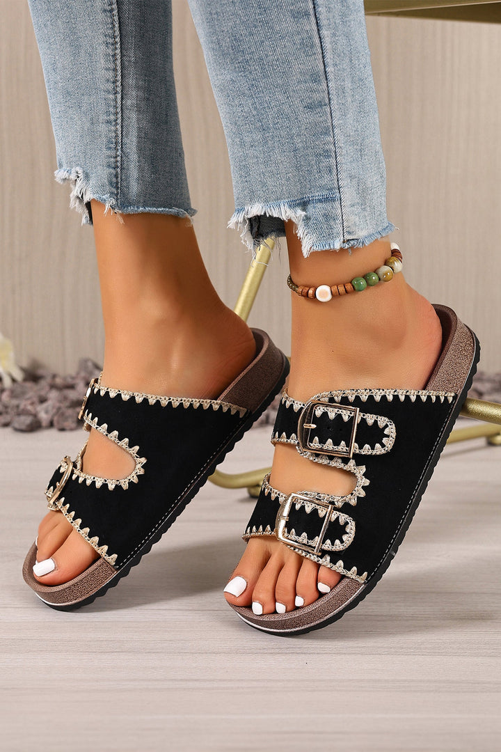 Kehlani Retro Buckle Faux Suede Open-Toe Slides