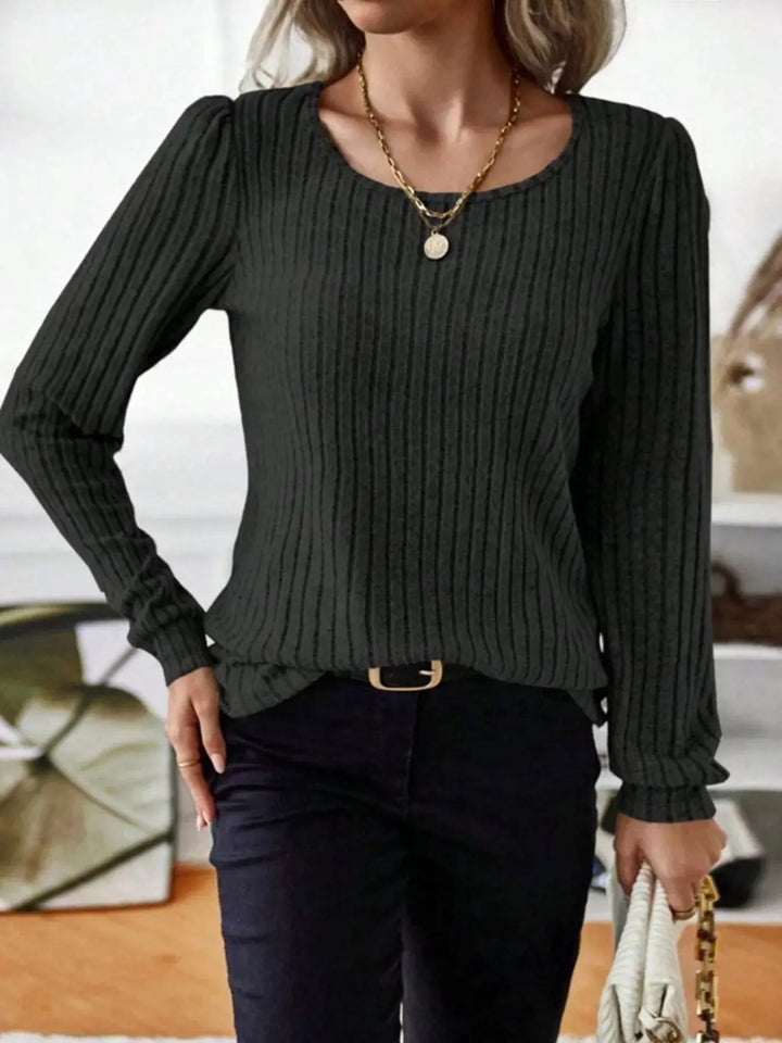 Ribbed Knit Puff Shoulder Long Sleeve Top