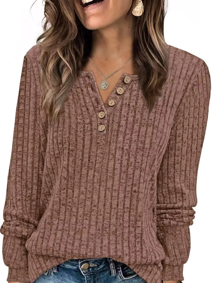 Ribbed Knit Button-Front Long Sleeve Top