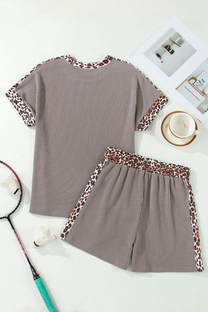 Leopard Trim Corded Top &amp; Shorts Set