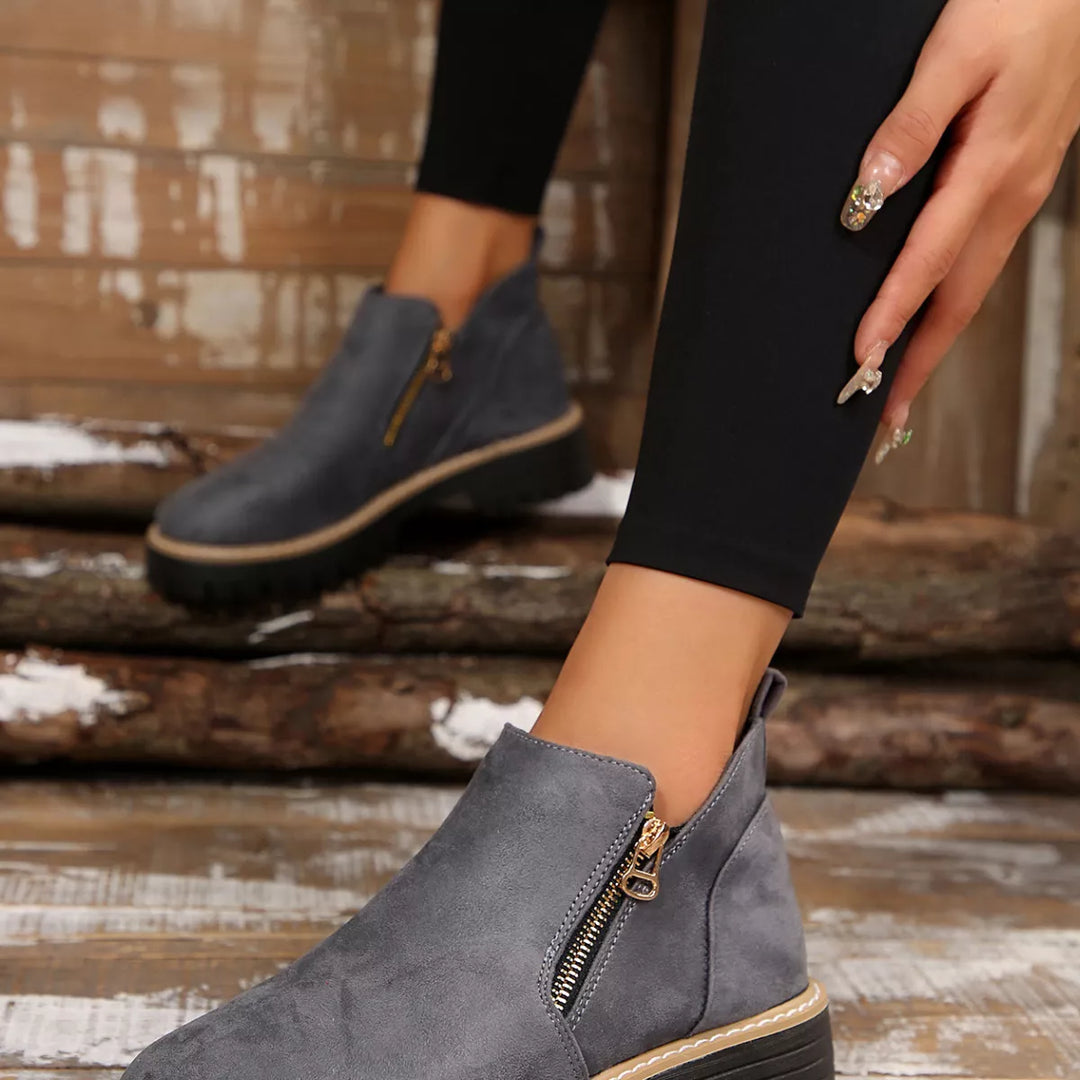 Side-Zip Suede Ankle Boots with Mid Heel