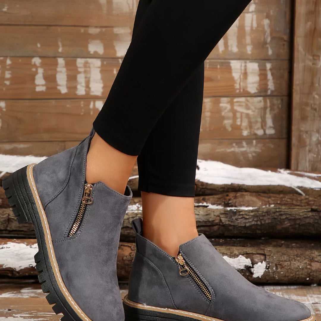 Side-Zip Suede Ankle Boots with Mid Heel