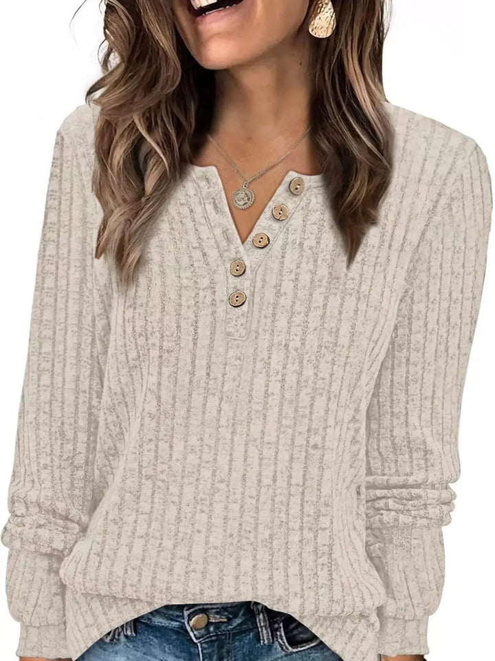 Ribbed Knit Button-Front Long Sleeve Top