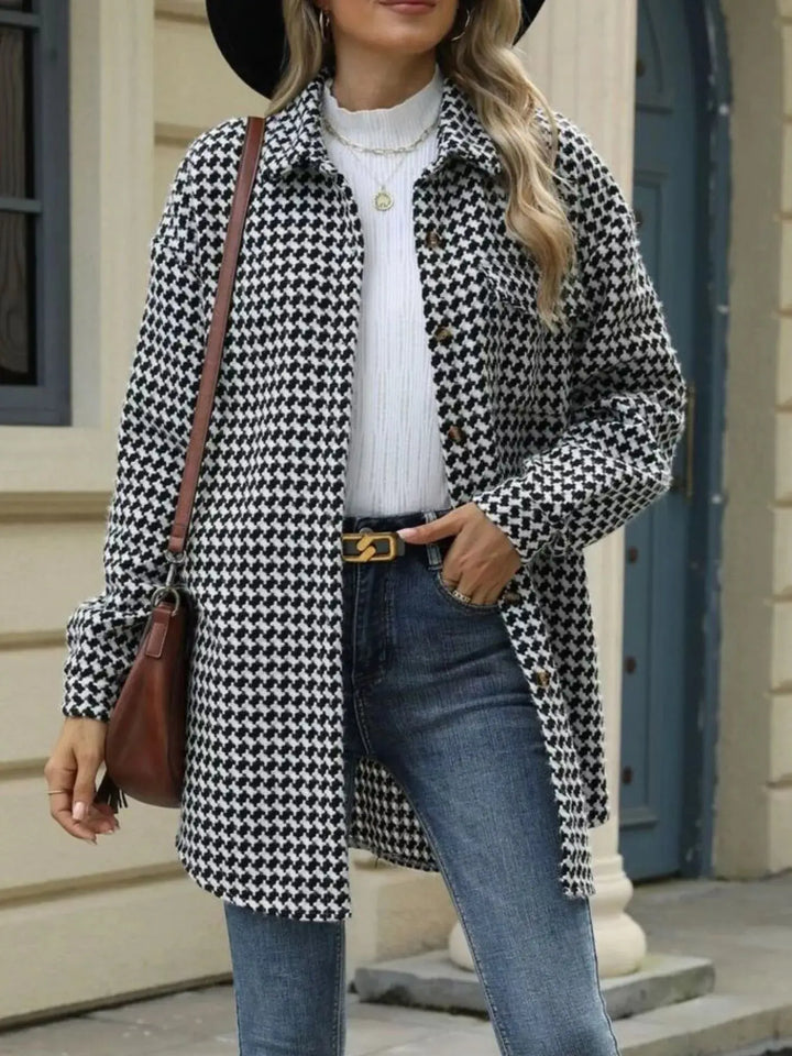 Houndstooth Longline Coat | Button-Up Long Sleeve Jacket
