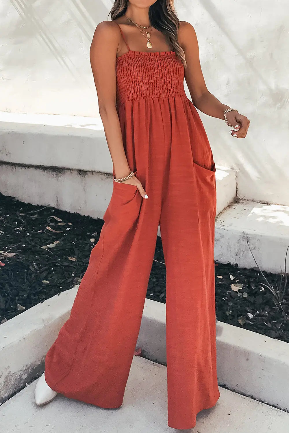 Smocked Spaghetti Strap Wide-Leg Jumpsuit