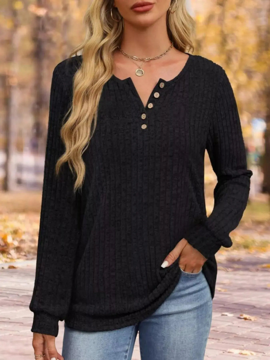 Ribbed Knit Button-Front Long Sleeve Top