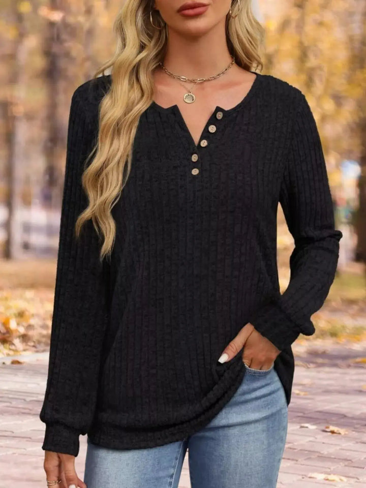 Ribbed Knit Button-Front Long Sleeve Top