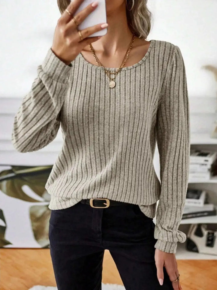 Ribbed Knit Puff Shoulder Long Sleeve Top
