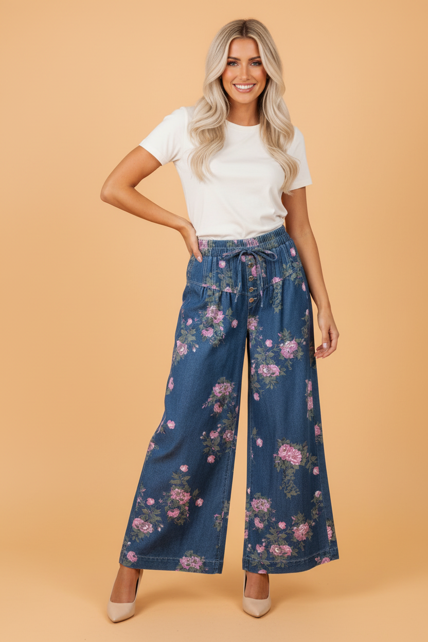 Floral Denim Wide Leg Jeans