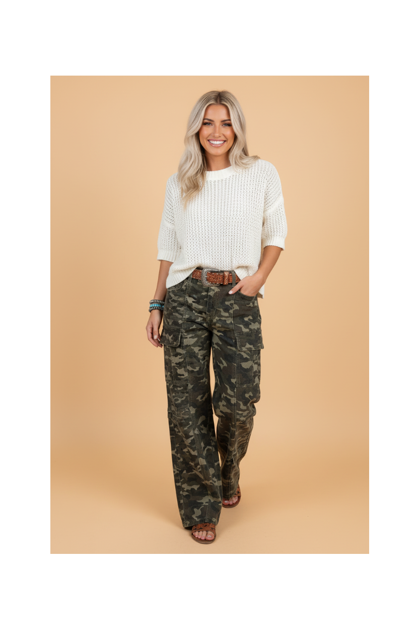 Camo Denim Cargo Pocket Wide Leg Pants