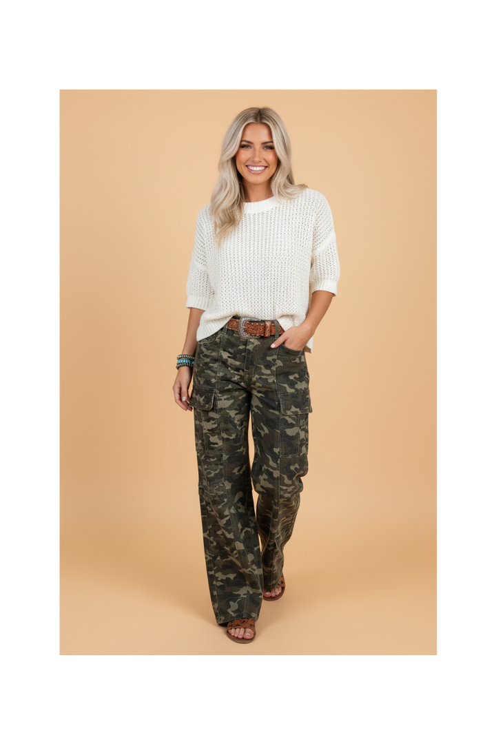 Camo Denim Cargo Pocket Wide Leg Pants