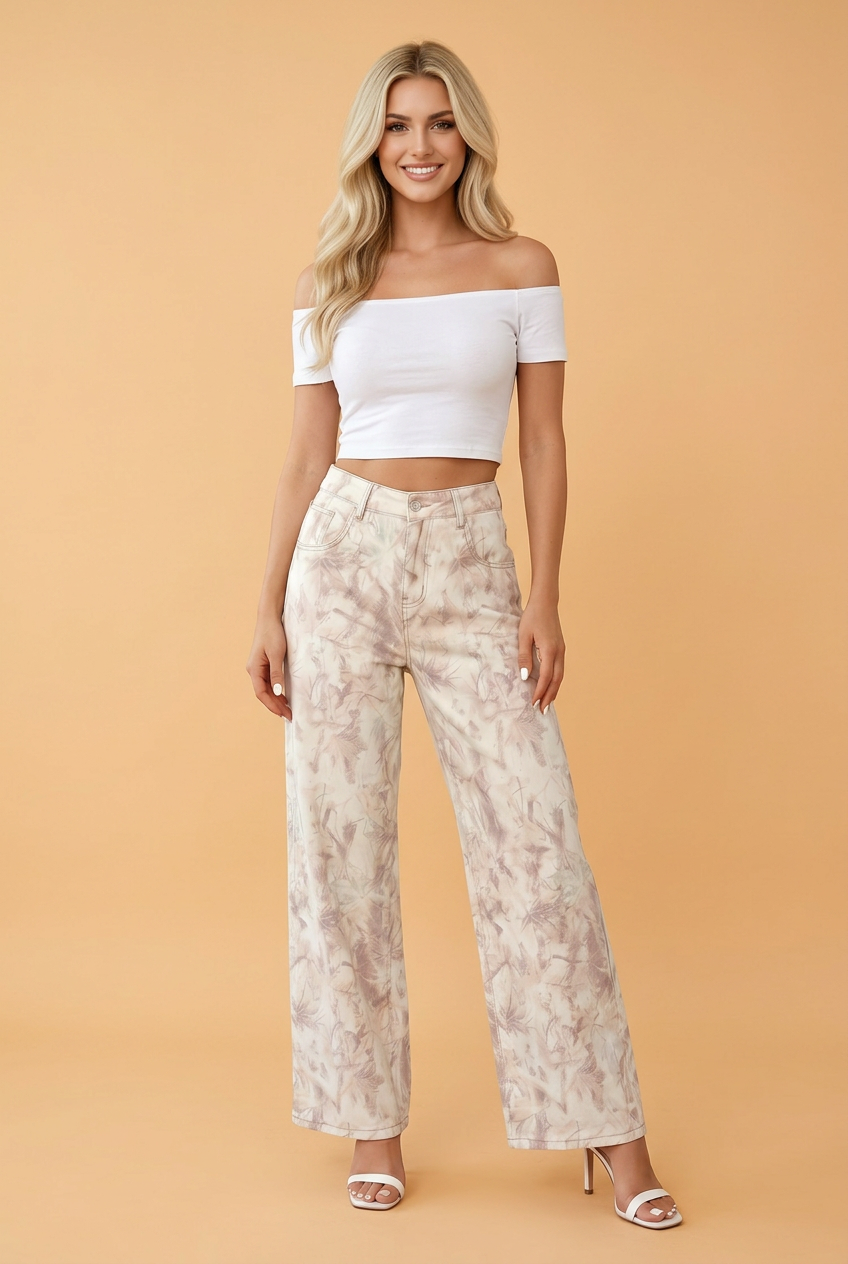 Blush Camo Print Tummy Control Wide Leg Jeans