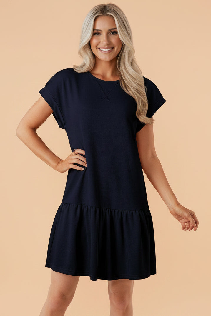Navy Cap Sleeve Ruffle Hem Dress