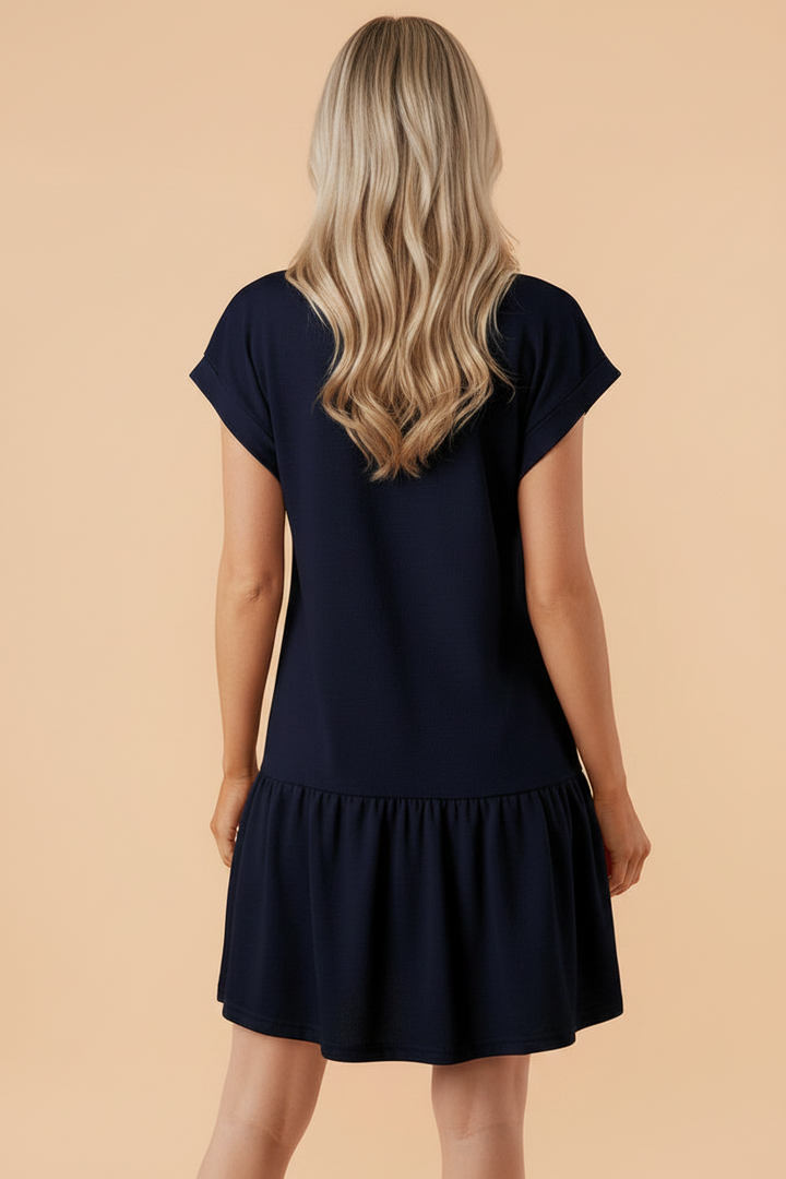 Navy Cap Sleeve Ruffle Hem Dress