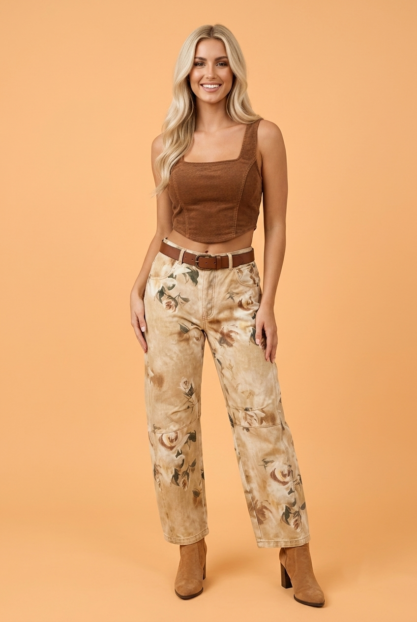 Floral Print Barrel-Leg Ankle Jeans