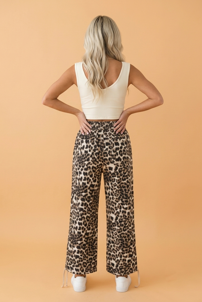 Leopard Print Denim Jogger Pants with Drawstring &amp; Oversized Pocket