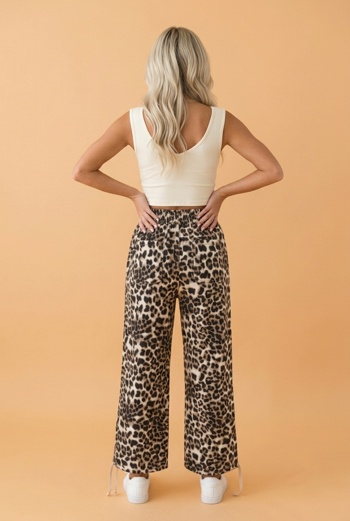 Leopard Print Denim Jogger Pants with Drawstring &amp; Oversized Pocket