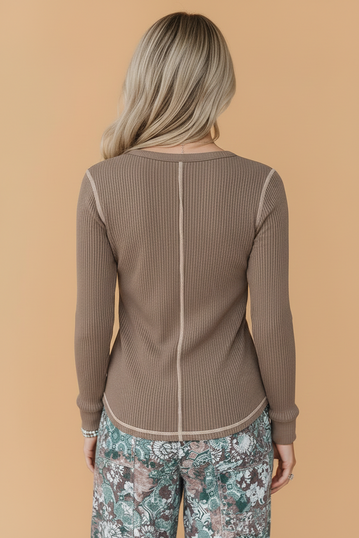Ribbed Contrast Stitch V-Neck Long Sleeve Top