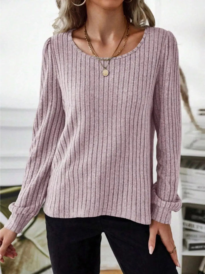 Ribbed Knit Puff Shoulder Long Sleeve Top