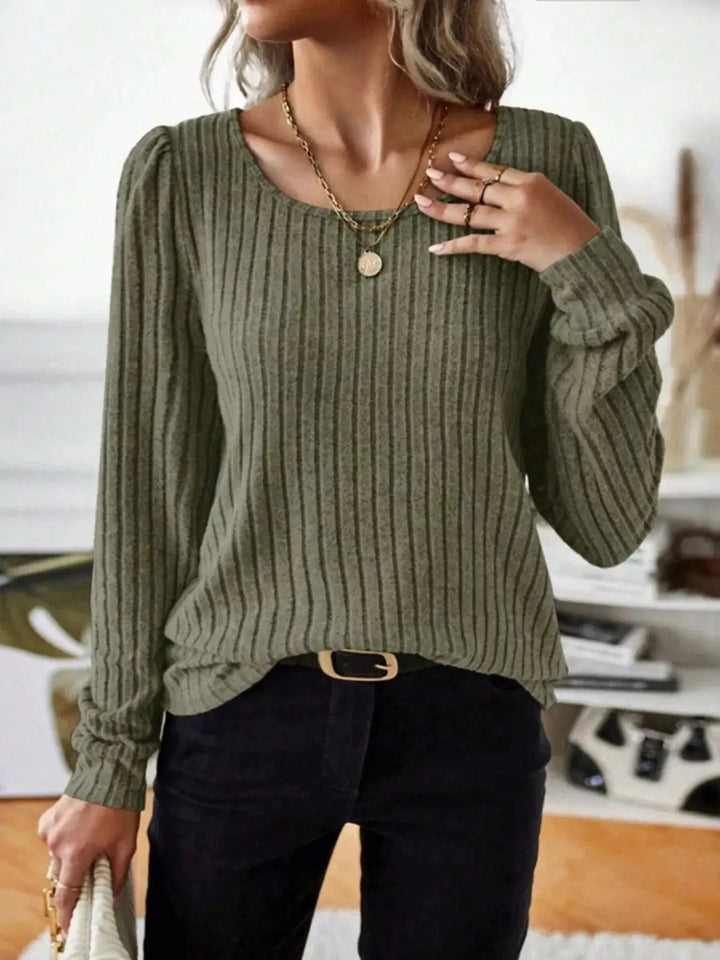 Ribbed Knit Puff Shoulder Long Sleeve Top