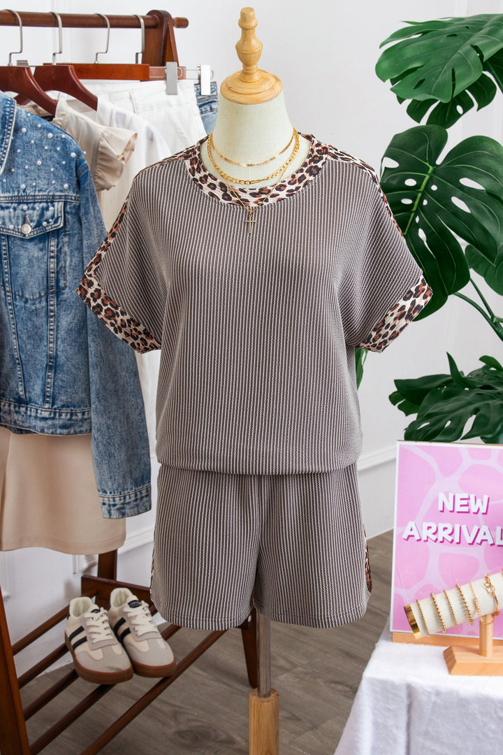 Leopard Trim Corded Top &amp; Shorts Set