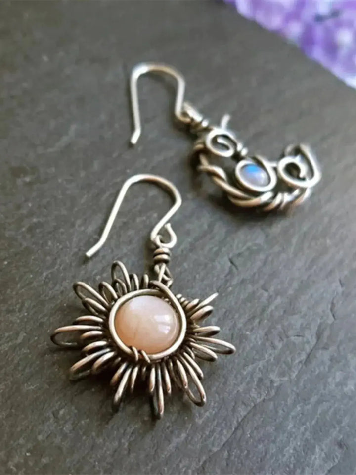 Moonstone Sun &amp; Moon Celestial Drop Earrings | Mismatched Boho Dangle