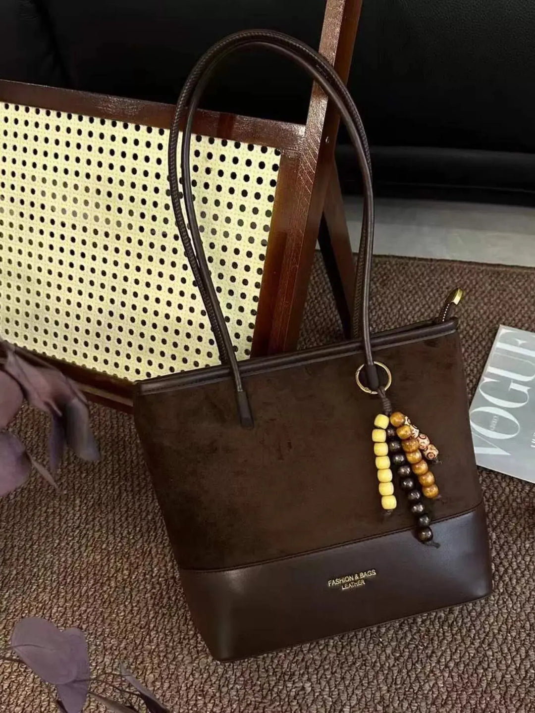 Color Block Suede Shoulder Bag with Wooden Bead Charm