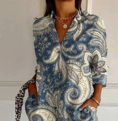 3D Floral Print Lapel Blouse | Stretch Cardigan Top