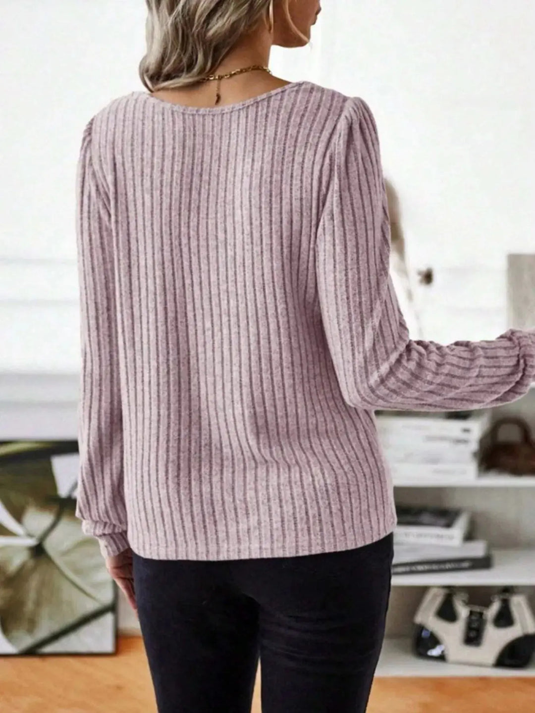 Ribbed Knit Puff Shoulder Long Sleeve Top
